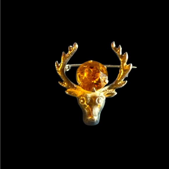 “Sterling” marked Gold Deer Brooch with Amber Stone - Picture 1 of 4